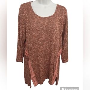 Unity World Wear Pink and grey marled 3/4 sleeve lightweight knit sweater